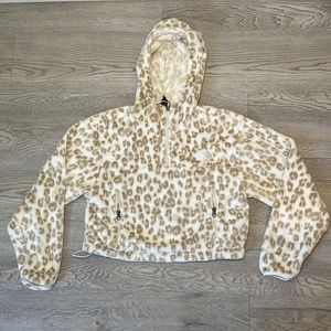 North Face Medium White & Tan Cheetah Cropped Fuzzy Quarter Zip Hoodie